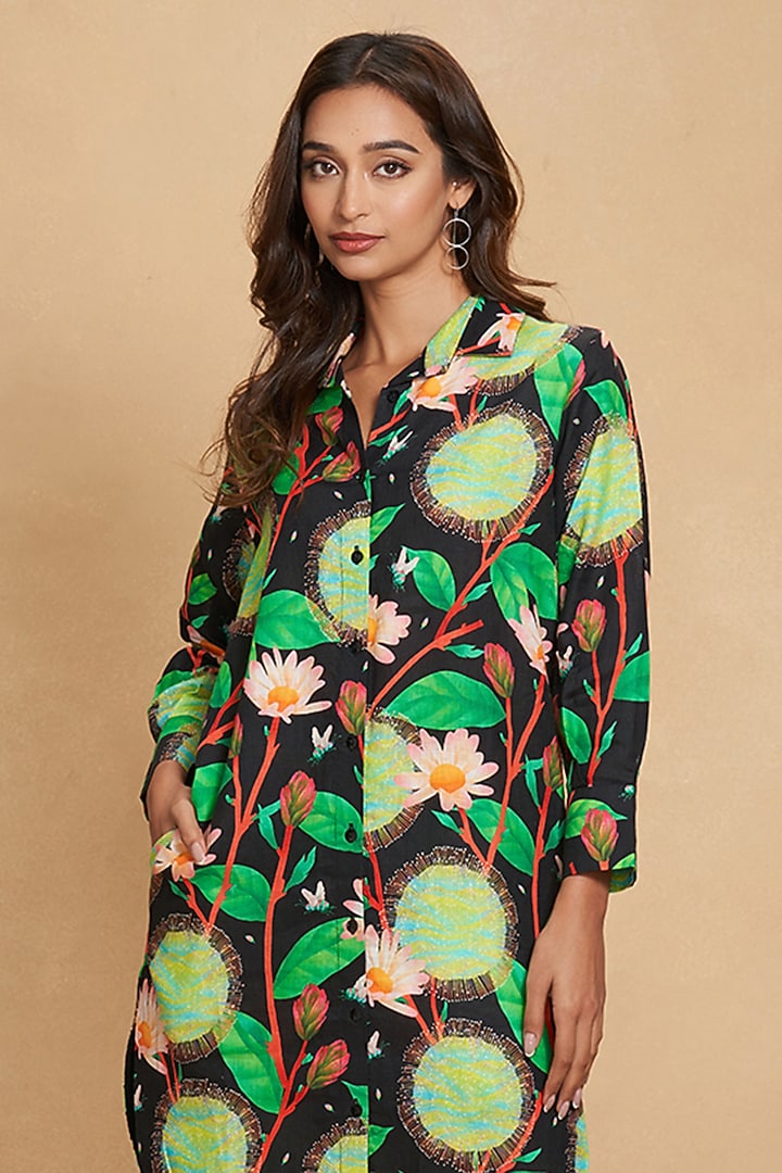 Black Linen Floral Digital Printed Long Shirt by Gulabo By Abu Sandeep at Pernia's Pop Up Shop