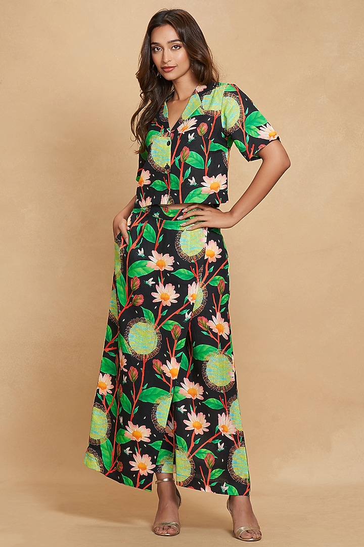 Black Linen Floral Digital Printed Straight Pants by Gulabo By Abu Sandeep at Pernia's Pop Up Shop