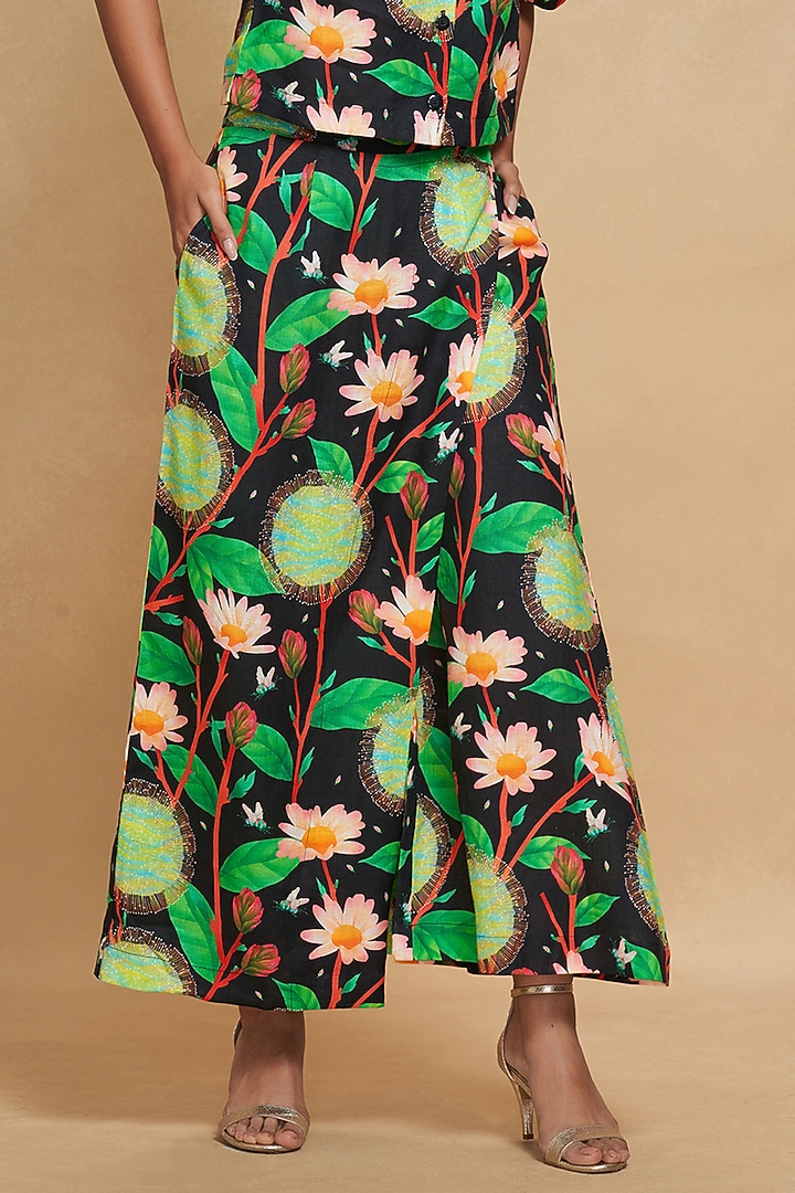 Black Linen Floral Digital Printed Straight Pants by Gulabo By Abu Sandeep at Pernia's Pop Up Shop