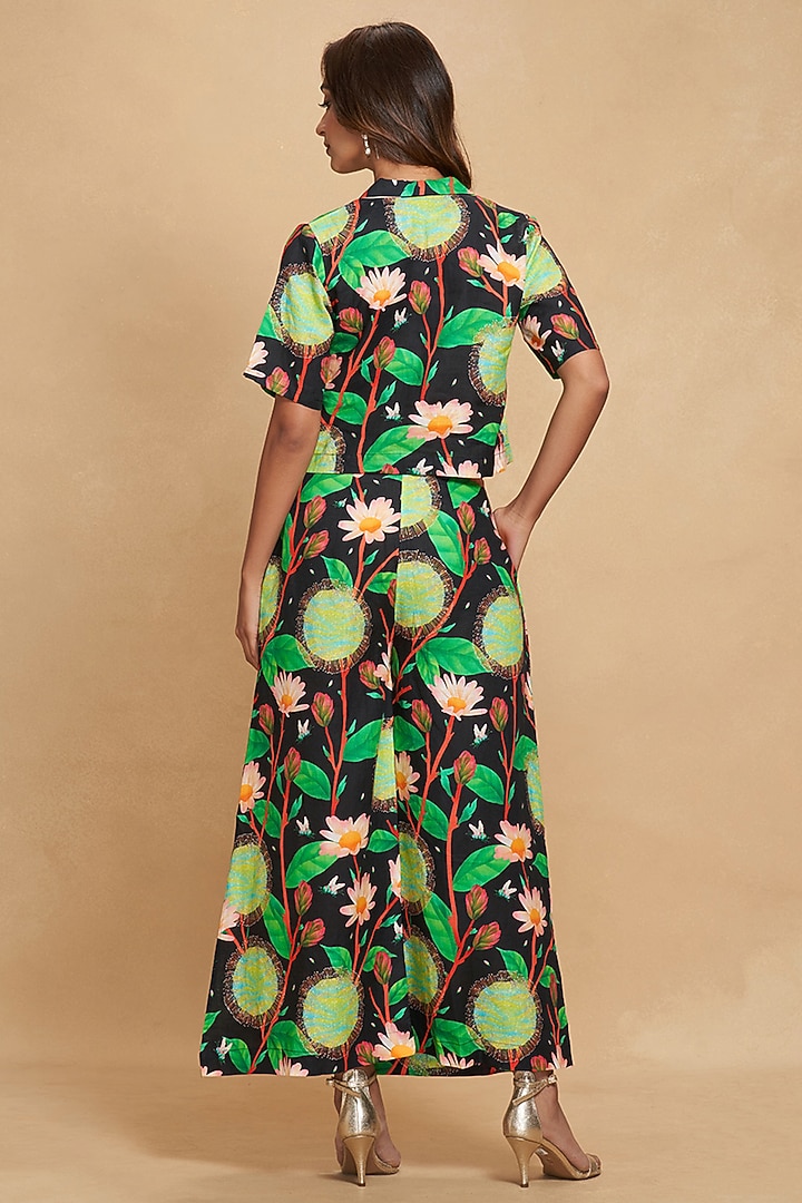 Black Linen Floral Digital Printed Straight Pants by Gulabo By Abu Sandeep at Pernia's Pop Up Shop