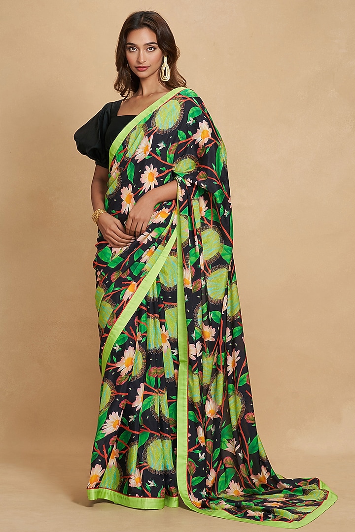 Black Chanderi Floral Digital Printed Party Wear Saree by Gulabo By Abu Sandeep at Pernia's Pop Up Shop