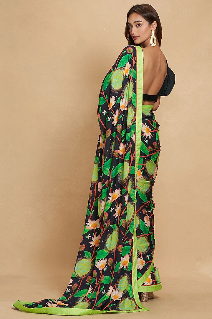 Black Chanderi Floral Digital Printed Party Wear Saree by Gulabo By Abu Sandeep at Pernia's Pop Up Shop