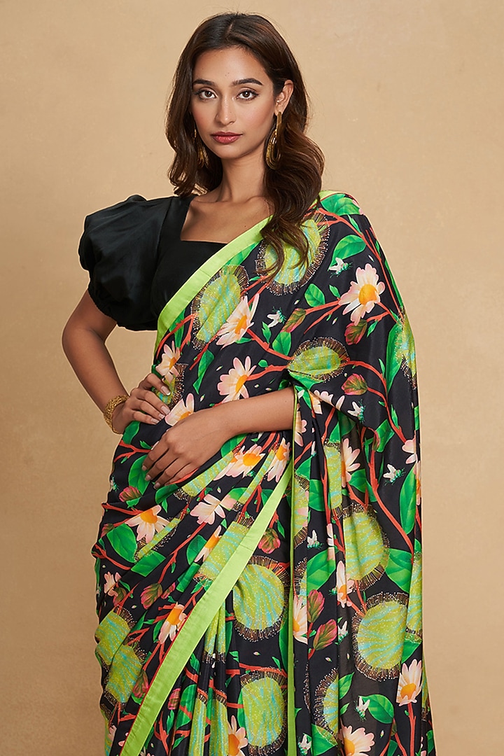 Black Chanderi Floral Digital Printed Party Wear Saree by Gulabo By Abu Sandeep at Pernia's Pop Up Shop