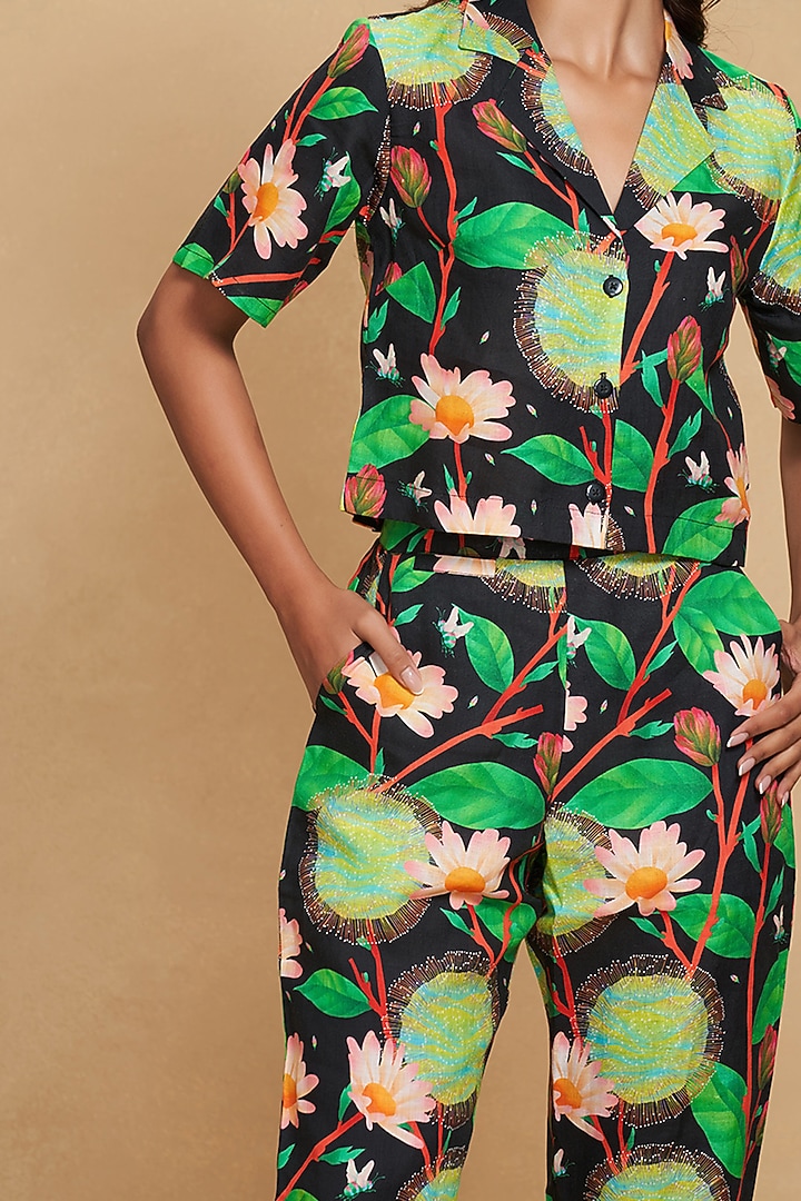 Black Linen Floral Digital Printed Crop Shirt by Gulabo By Abu Sandeep at Pernia's Pop Up Shop