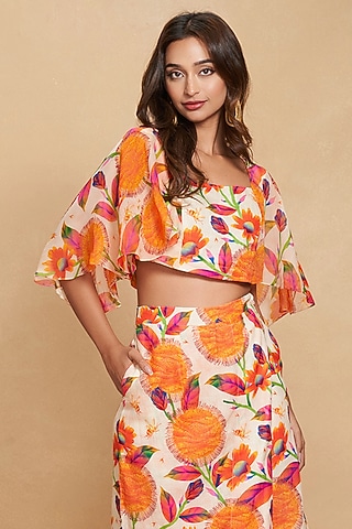 Orange Linen Floral Digital Printed Top by Gulabo By Abu Sandeep