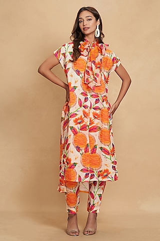 Orange Linen Kadam Printed Straight Pant by Gulabo By Abu Sandeep