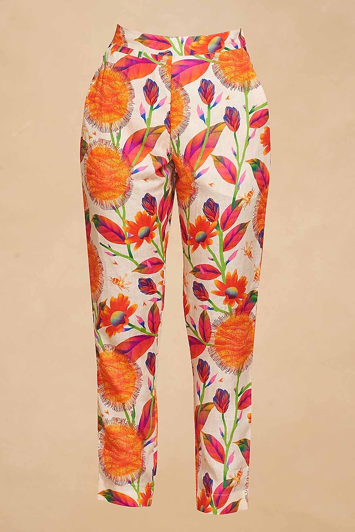 Orange Linen Kadam Printed Straight Pant by Gulabo By Abu Sandeep at Pernia's Pop Up Shop