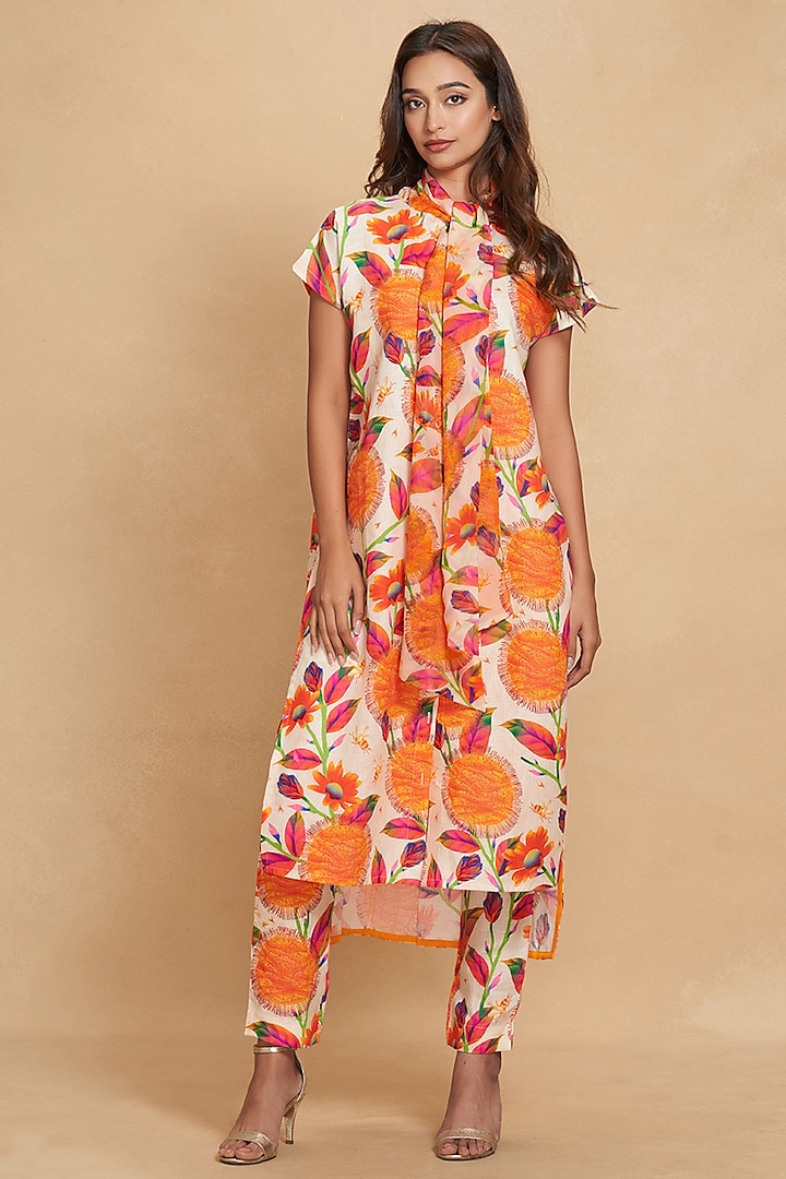 Orange Linen Floral Digital Printed Tunic by Gulabo By Abu Sandeep
