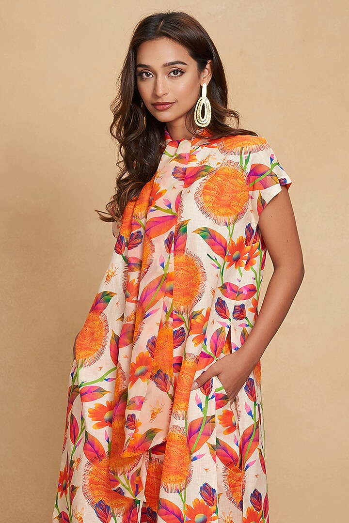 Orange Linen Floral Digital Printed Tunic by Gulabo By Abu Sandeep at Pernia's Pop Up Shop