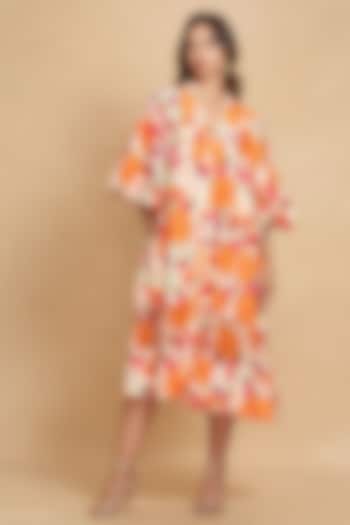 Orange Linen Floral Digital Printed Knee-Length Dress by Gulabo By Abu Sandeep