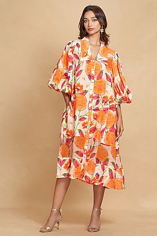 Orange Linen Floral Digital Printed Knee-Length Dress by Gulabo By Abu Sandeep