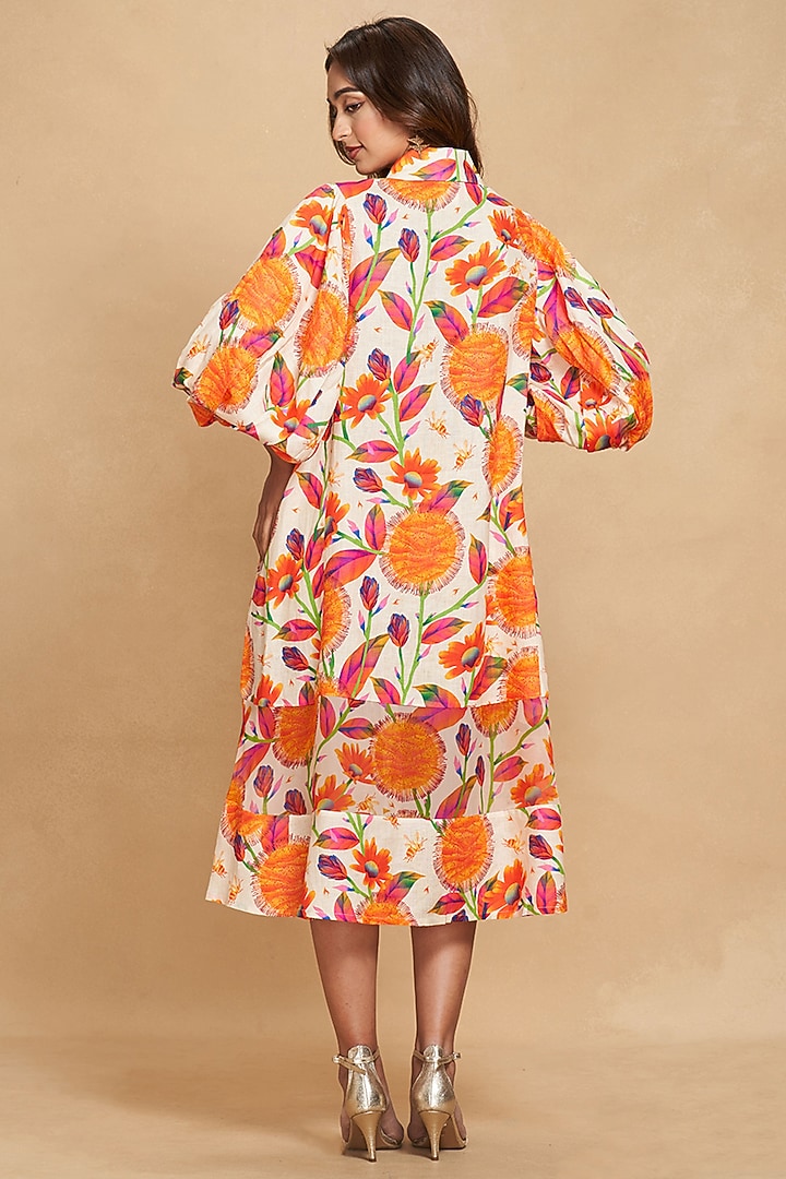 Orange Linen Floral Digital Printed Knee-Length Vacation Dress by Gulabo By Abu Sandeep at Pernia's Pop Up Shop