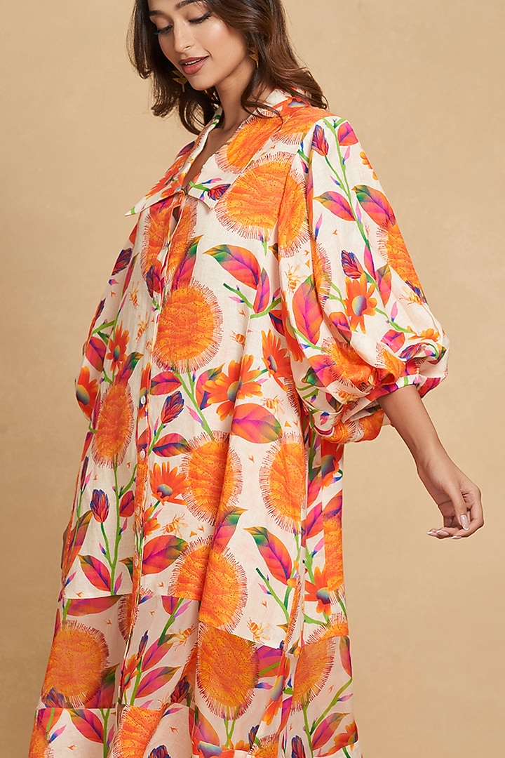 Orange Linen Floral Digital Printed Knee-Length Vacation Dress by Gulabo By Abu Sandeep at Pernia's Pop Up Shop
