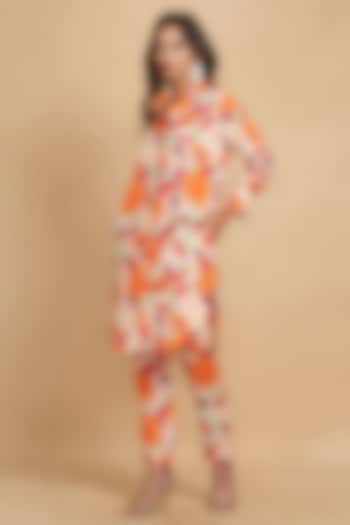 Orange Linen Floral Digital Printed Long Shirt by Gulabo By Abu Sandeep at Pernia's Pop Up Shop