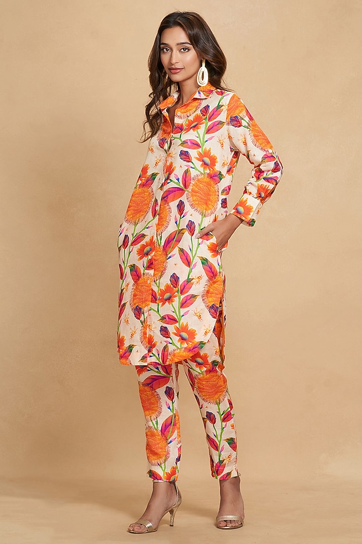 Orange Linen Floral Digital Printed Long Shirt by Gulabo By Abu Sandeep at Pernia's Pop Up Shop