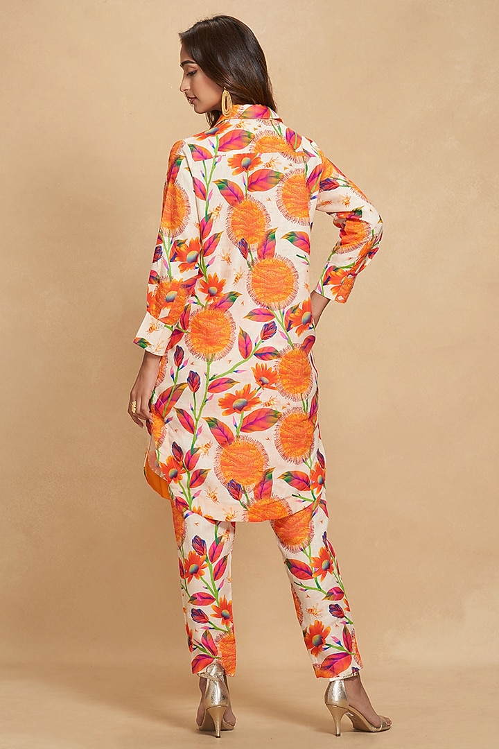 Orange Linen Floral Digital Printed Long Shirt by Gulabo By Abu Sandeep at Pernia's Pop Up Shop