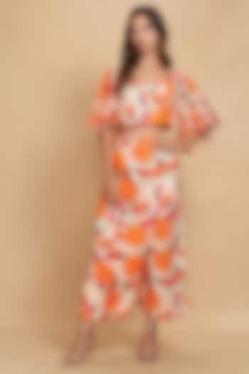 Orange Linen Floral Digital Printed Wrap Straight Pants by Gulabo By Abu Sandeep