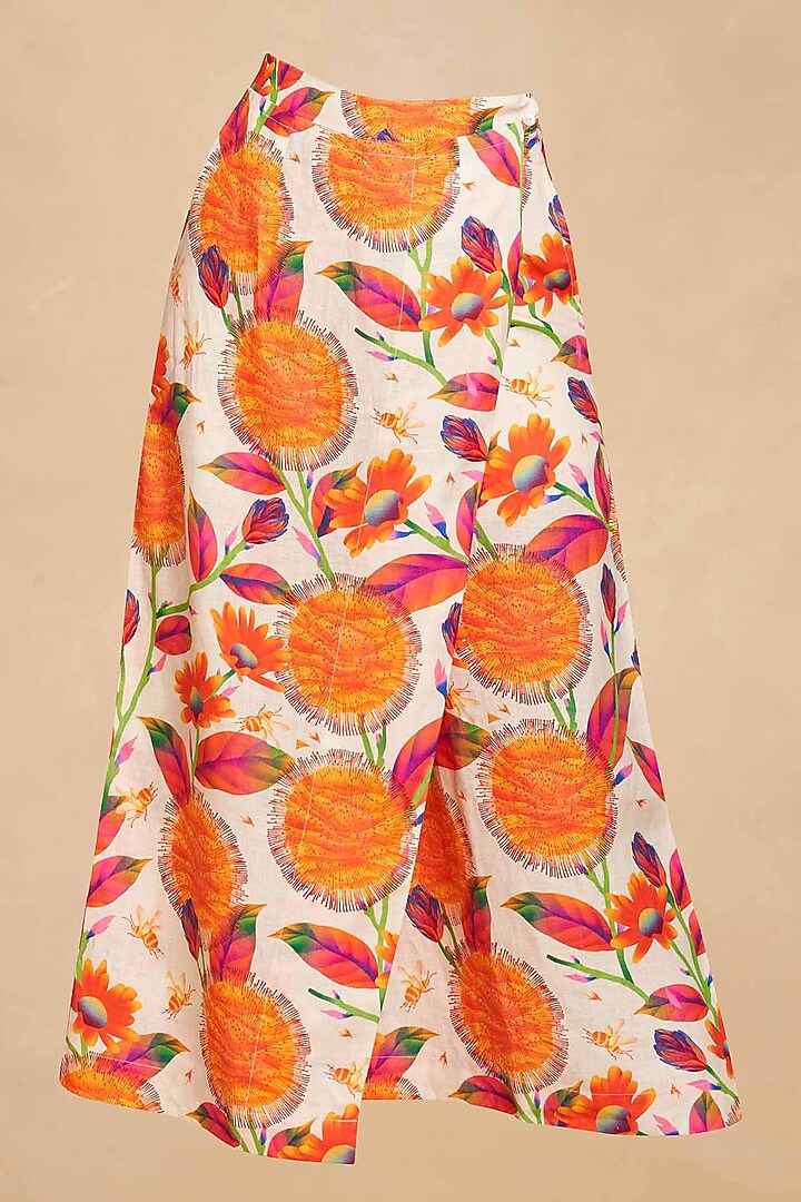 Orange Linen Floral Digital Printed Wrap Straight Pants by Gulabo By Abu Sandeep at Pernia's Pop Up Shop