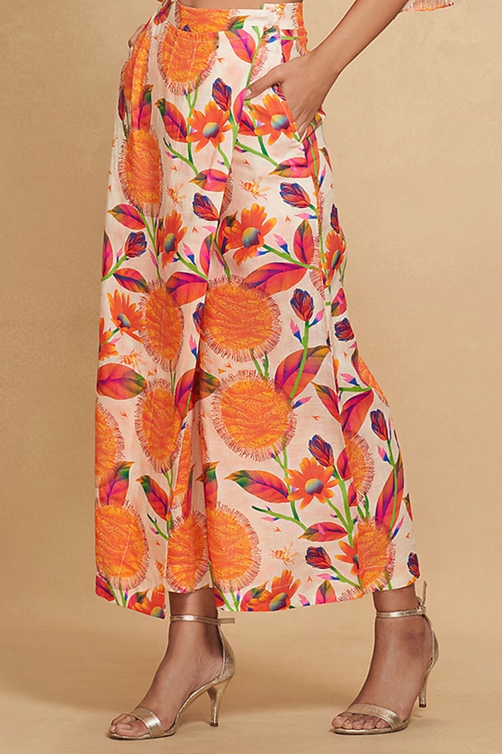 Orange Linen Floral Digital Printed Wrap Straight Pants by Gulabo By Abu Sandeep at Pernia's Pop Up Shop