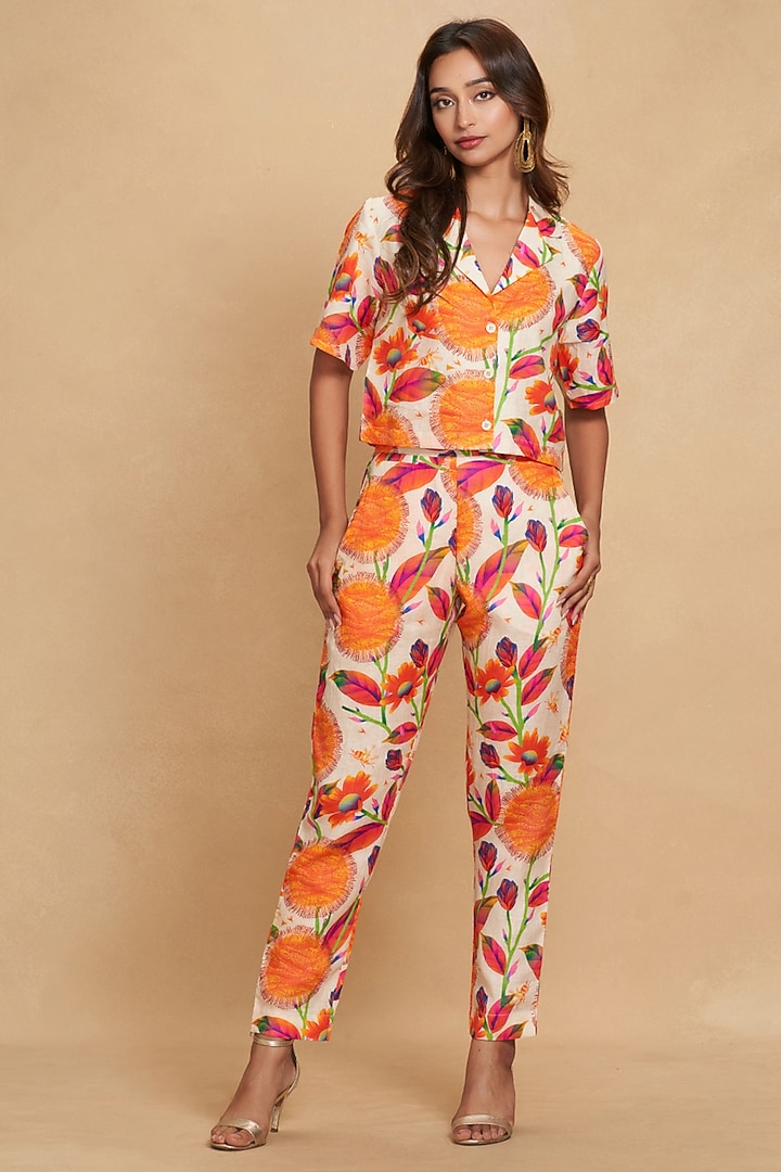 Orange Linen Floral Digital Printed Crop Shirt by Gulabo By Abu Sandeep at Pernia's Pop Up Shop