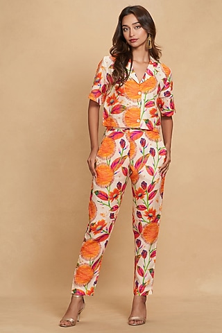 Orange Linen Floral Digital Printed Crop Shirt by Gulabo By Abu Sandeep