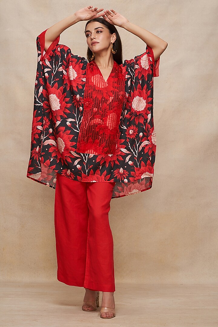 Navy Blue Linen Digital Printed Short Kaftan by Gulabo By Abu Sandeep at Pernia's Pop Up Shop