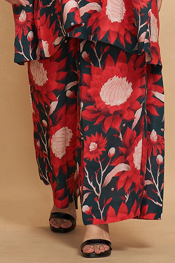 Navy Blue Linen Digital Printed Flared Pants by Gulabo By Abu Sandeep at Pernia's Pop Up Shop