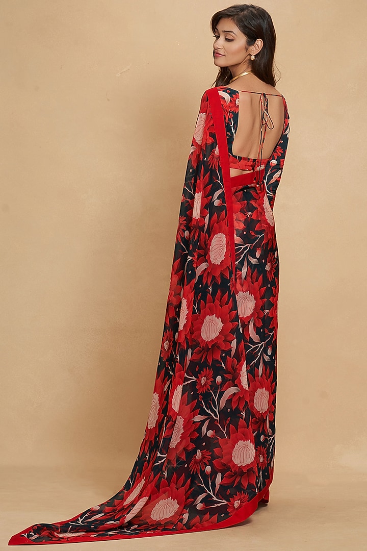 Navy Blue Chanderi Floral Digital Printed Party Wear Saree by Gulabo By Abu Sandeep at Pernia's Pop Up Shop