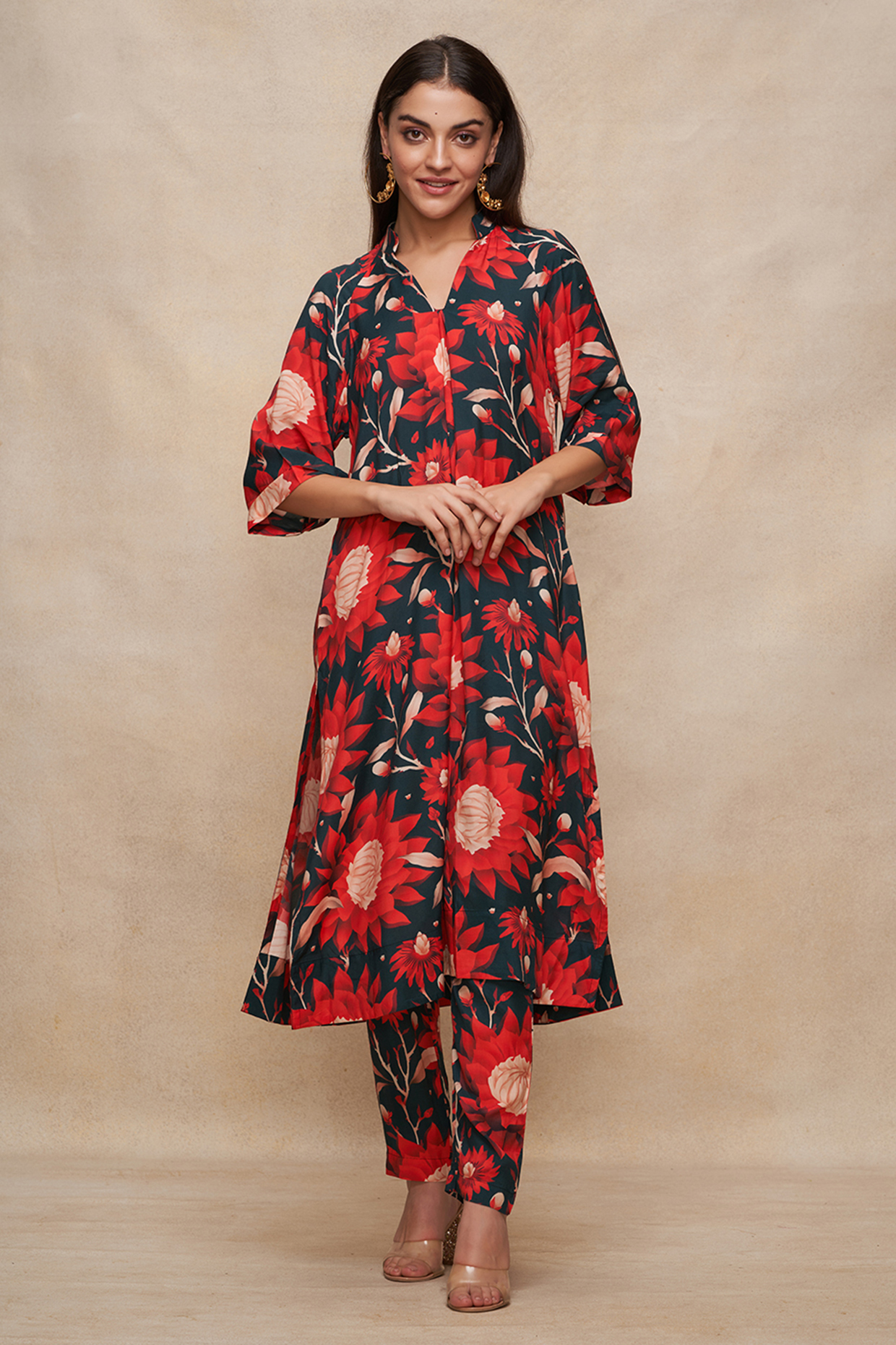 Navy Blue Viscose Floral Digital Printed Kurta by Gulabo By Abu Sandeep at Pernia's Pop Up Shop