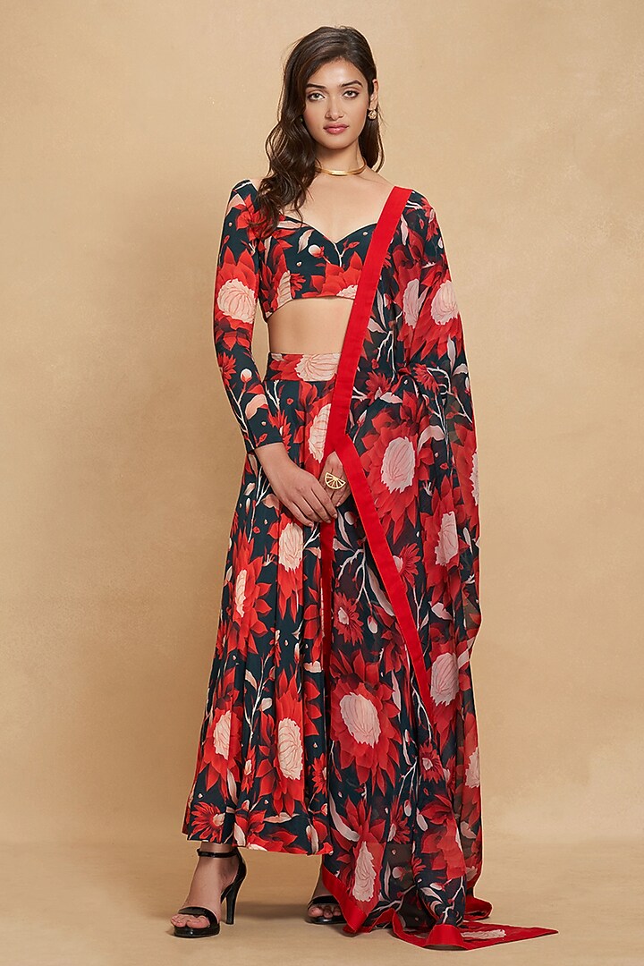 Navy Blue Organza Satin Floral Digital Printed Dupatta by Gulabo By Abu Sandeep at Pernia's Pop Up Shop