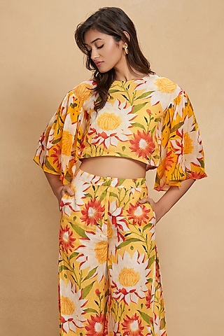 Yellow Linen Floral Digital Printed Top by Gulabo By Abu Sandeep