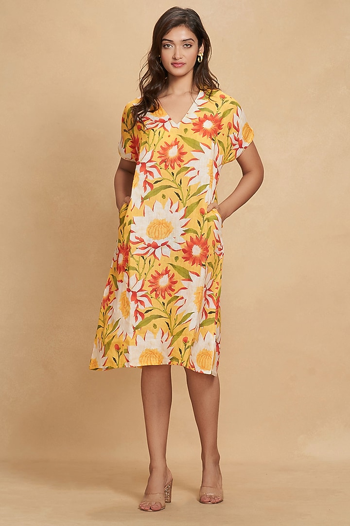 Yellow Linen Floral Digital Printed Summer Dress by Gulabo By Abu Sandeep at Pernia's Pop Up Shop