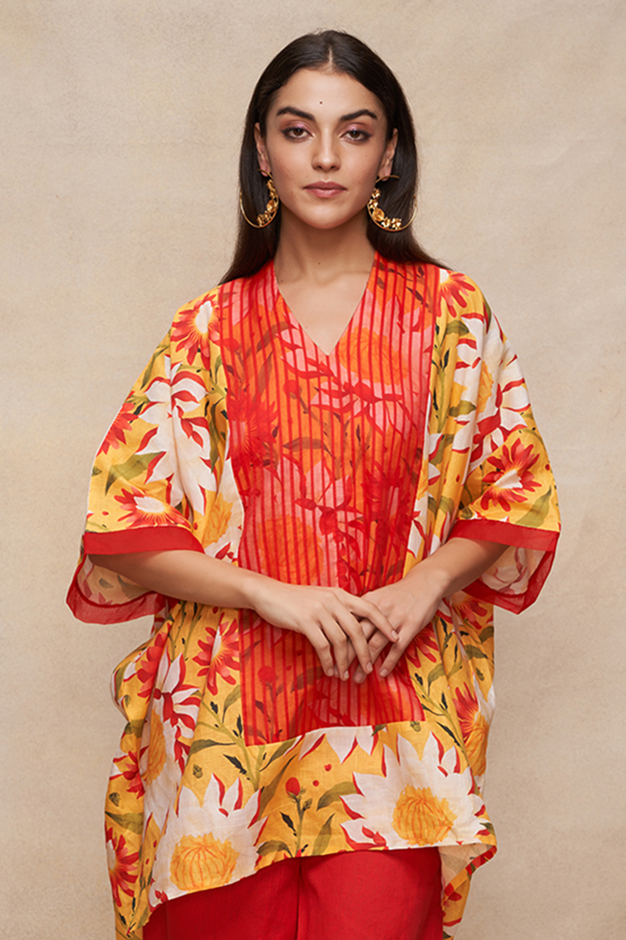 Yellow Linen Floral Digital Printed Kaftan by Gulabo By Abu Sandeep at Pernia's Pop Up Shop