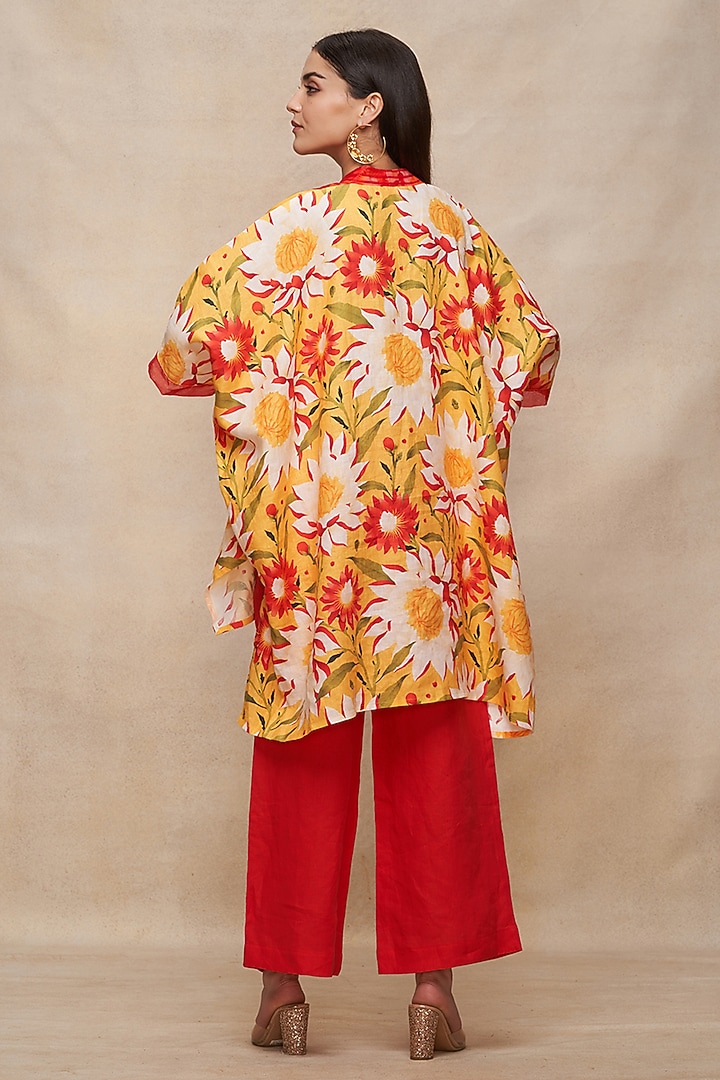 Yellow Linen Floral Digital Printed Kaftan by Gulabo By Abu Sandeep at Pernia's Pop Up Shop