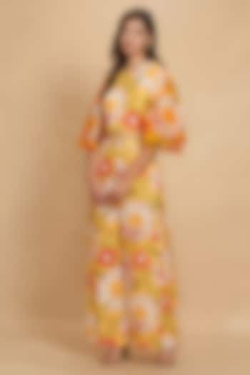 Yellow Linen Floral Digital Printed Flared Pants by Gulabo By Abu Sandeep