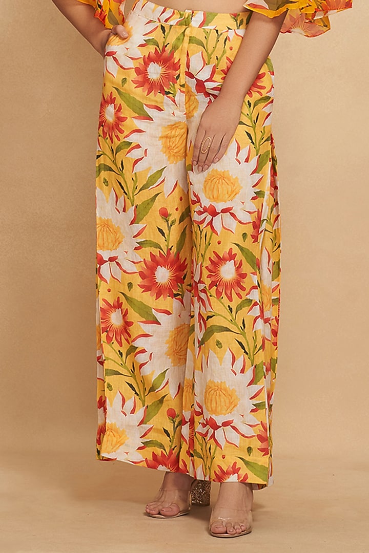 Yellow Linen Floral Digital Printed Flared Pants by Gulabo By Abu Sandeep at Pernia's Pop Up Shop
