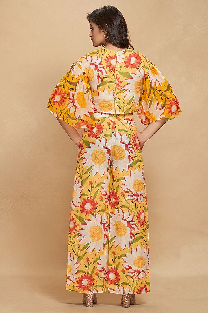 Yellow Linen Floral Digital Printed Flared Pants by Gulabo By Abu Sandeep at Pernia's Pop Up Shop