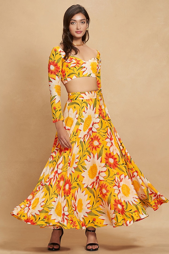 Yellow Viscose Floral Digital Printed Skirt by Gulabo By Abu Sandeep at Pernia's Pop Up Shop