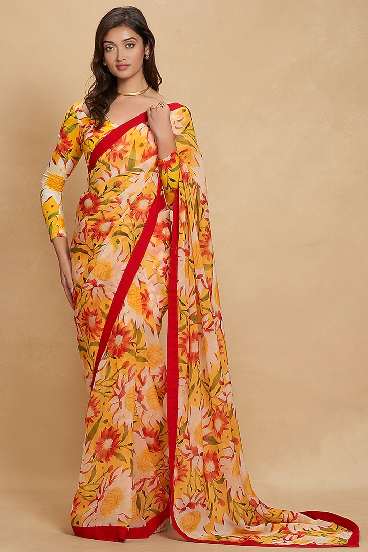 Yellow Chanderi Floral Digital Printed Party Wear Saree by Gulabo By Abu Sandeep at Pernia's Pop Up Shop