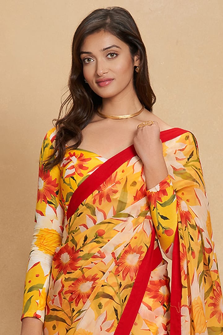 Yellow Chanderi Floral Digital Printed Party Wear Saree by Gulabo By Abu Sandeep at Pernia's Pop Up Shop