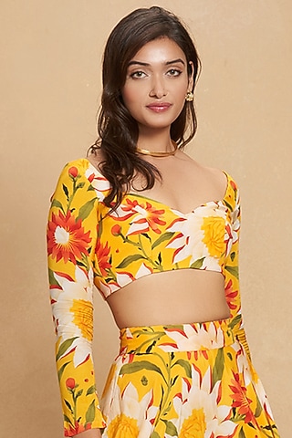Yellow Viscose Floral Digital Printed Blouse by Gulabo By Abu Sandeep