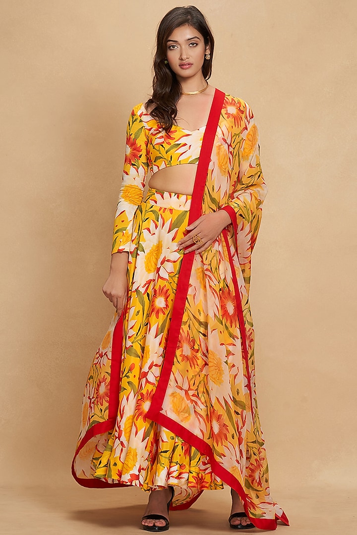 Yellow Organza Floral Digital Printed Dupatta by Gulabo By Abu Sandeep at Pernia's Pop Up Shop