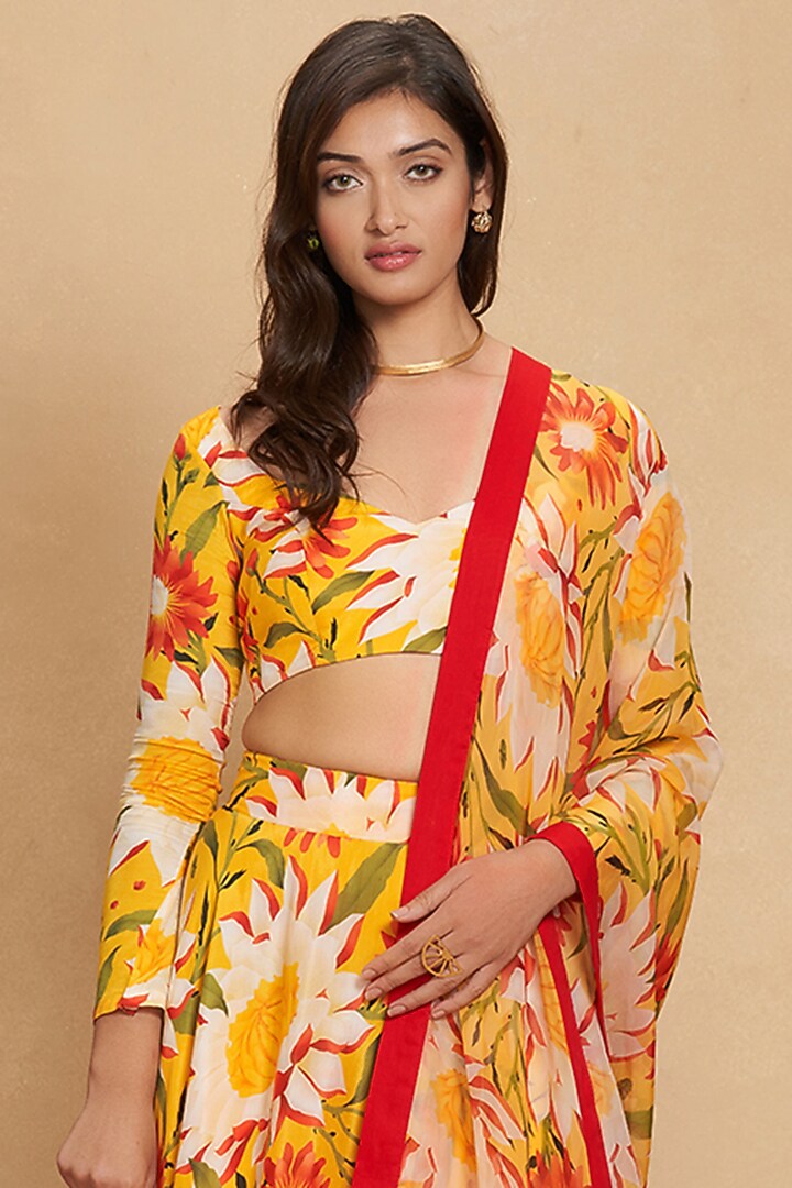 Yellow Organza Floral Digital Printed Dupatta by Gulabo By Abu Sandeep at Pernia's Pop Up Shop