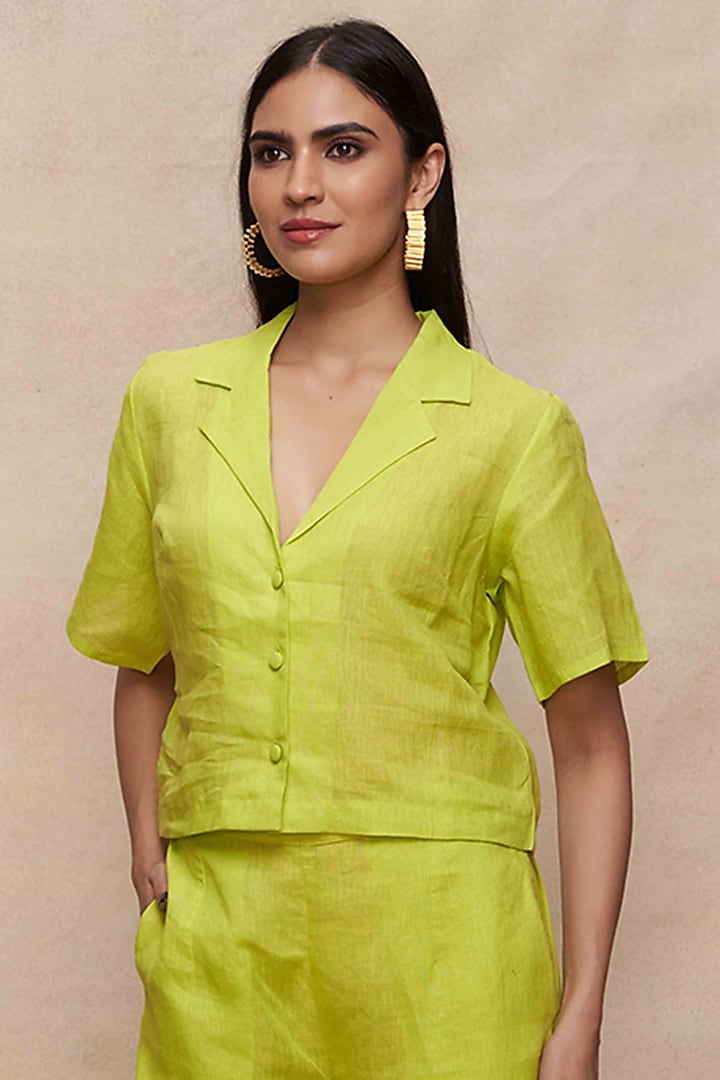 Lime Green Linen Crop Shirt by Gulabo By Abu Sandeep