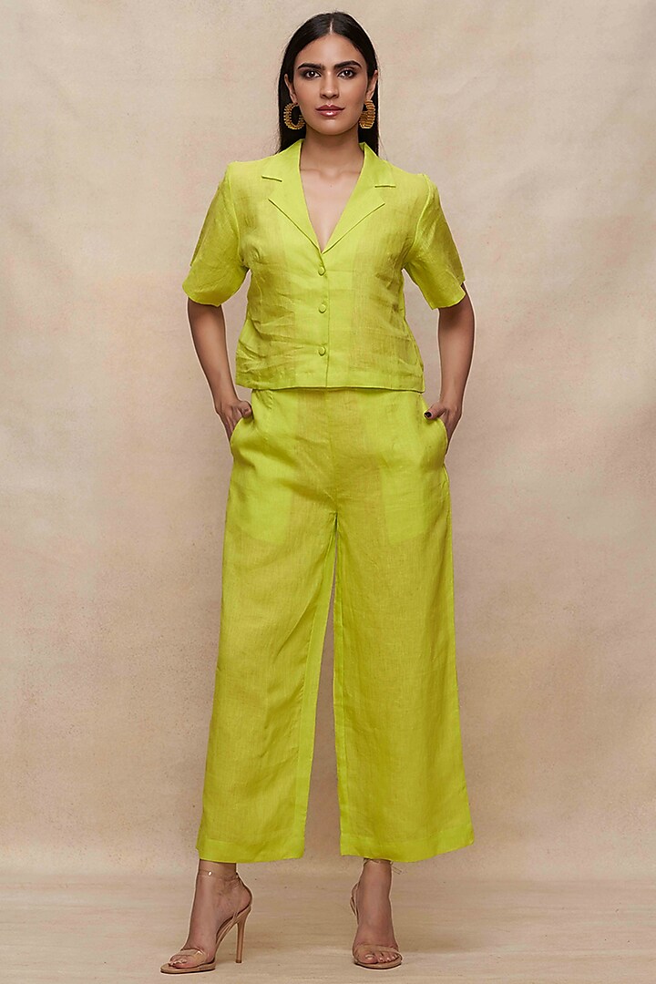 Lime Green Linen Straight Pants by Gulabo By Abu Sandeep