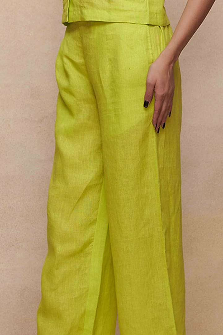 Lime Green Linen Straight Pants by Gulabo By Abu Sandeep at Pernia's Pop Up Shop