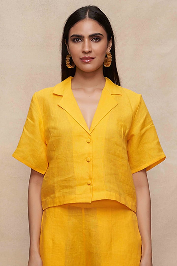 Yellow Linen Crop Shirt by Gulabo By Abu Sandeep