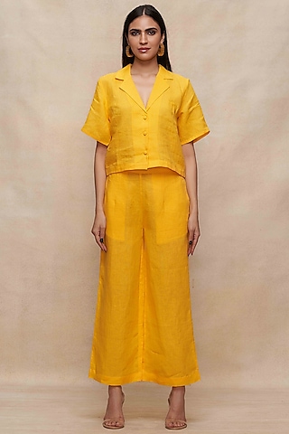 Yellow Linen Straight Pants by Gulabo By Abu Sandeep