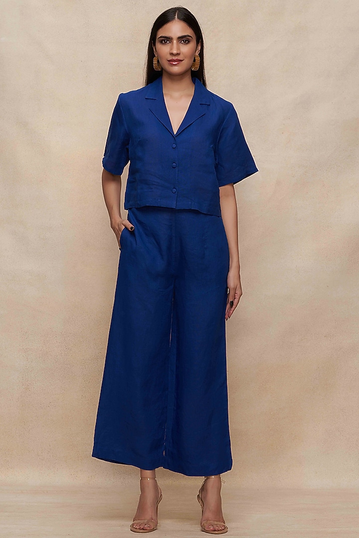 Navy Blue Linen Crop Shirt by Gulabo By Abu Sandeep at Pernia's Pop Up Shop