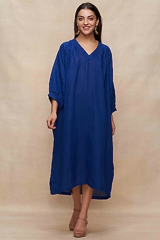 Navy Blue Linen Kaftan Dress by Gulabo By Abu Sandeep